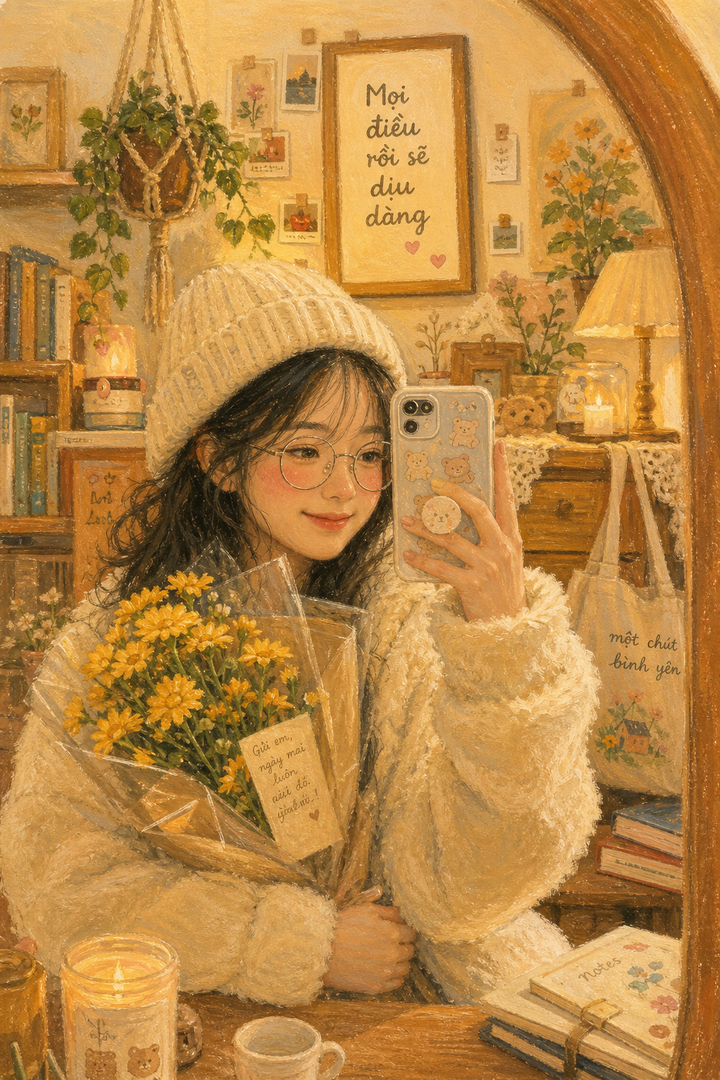 Selfie cô gái Việt trong phòng ngủ cottagecore