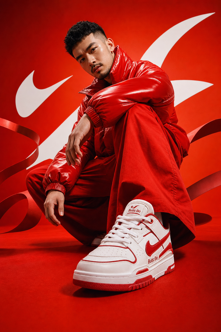 Giày sneaker đỏ trắng trong chiến dịch streetwear