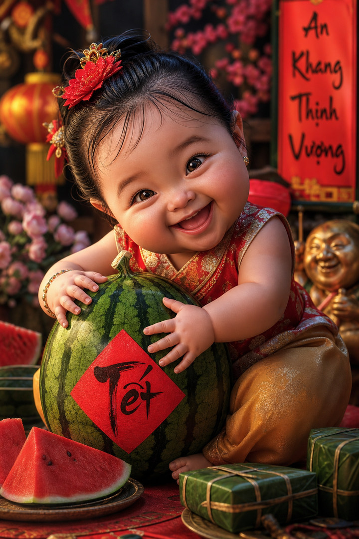 Em bé Tết ôm dưa hấu trong tranh biếm họa rực rỡ