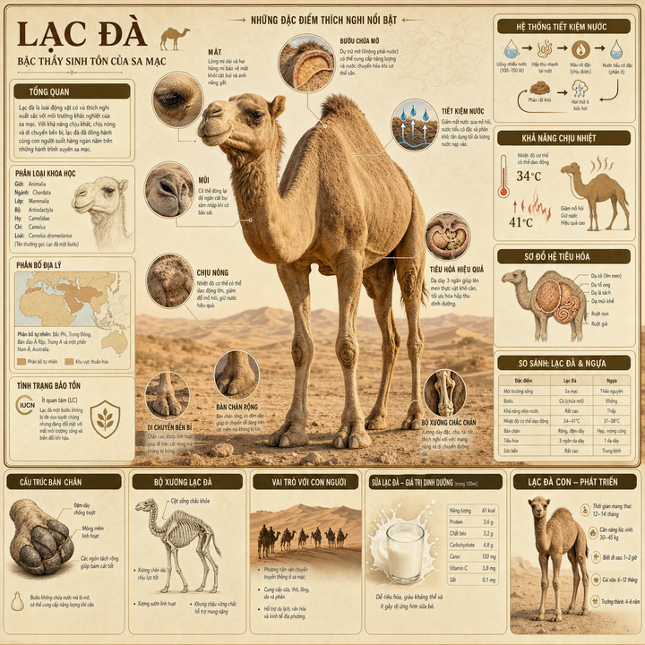 Infographic lạc đà về thích nghi sinh tồn sa mạc