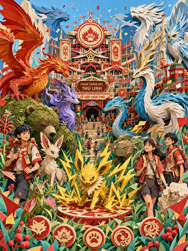 Diorama giấy thế giới linh thú rực rỡ
