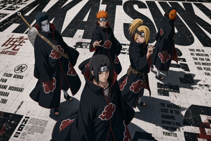 Nhóm Akatsuki trên nền typography đen trắng