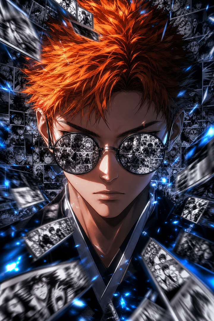 Nhân vật anime tóc cam giữa collage manga kịch tính