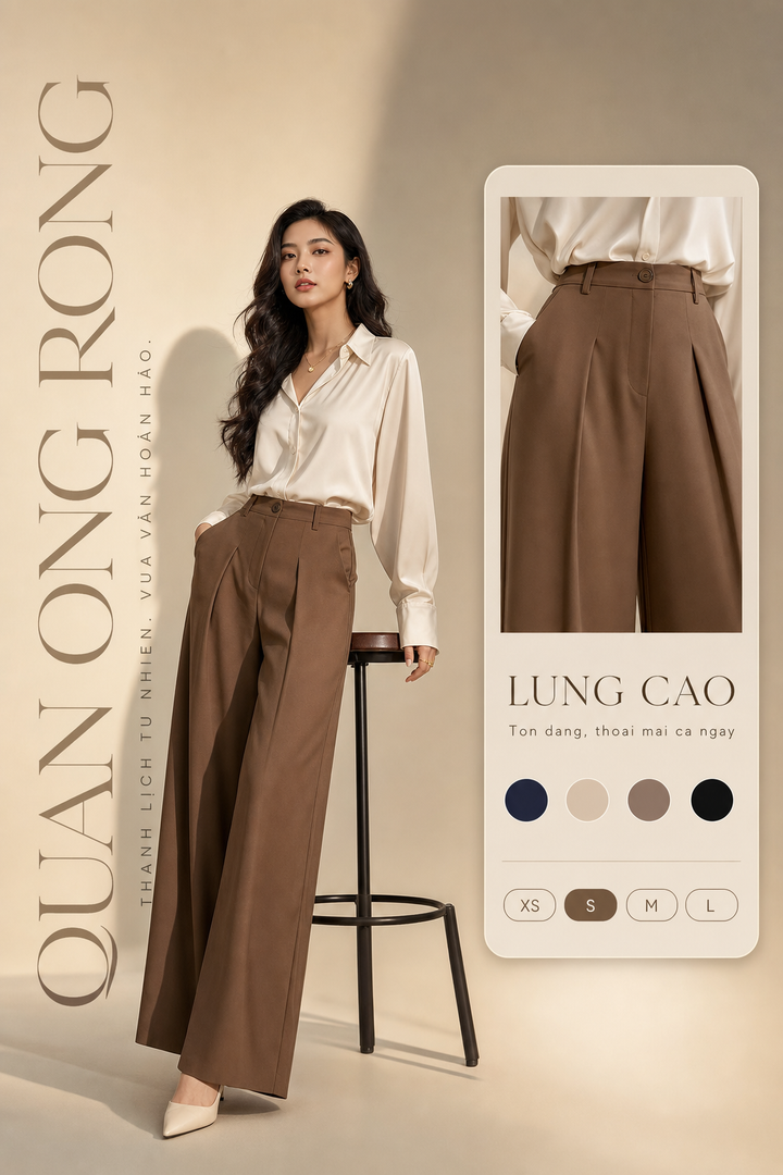 Quần ống rộng lưng cao trong poster thời trang sang