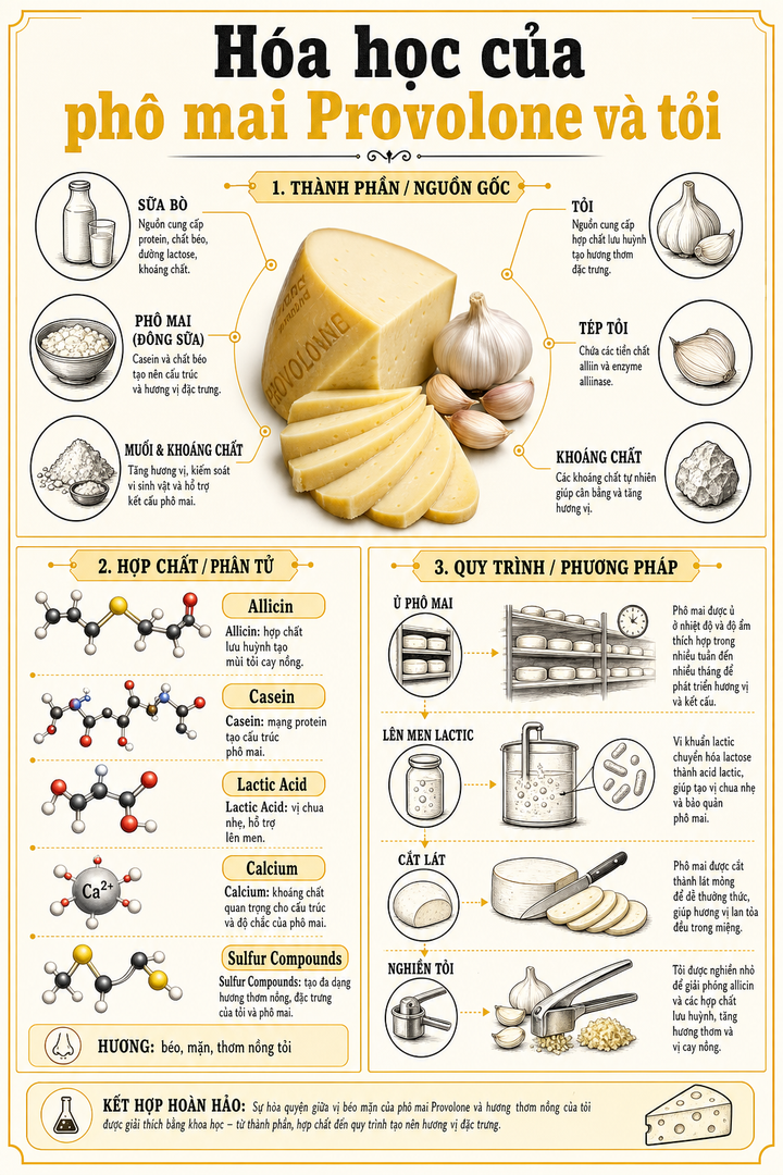 Phô mai Provolone và tỏi trong infographic hóa học