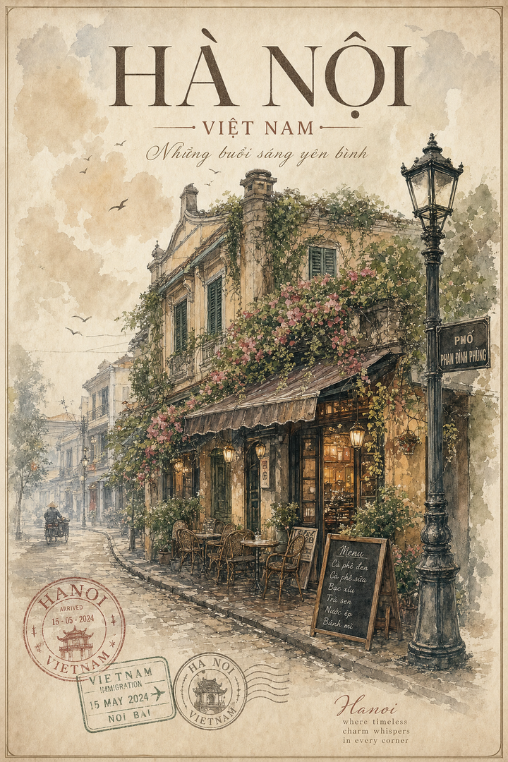 Poster du lịch Hà Nội màu nước phong cách vintage