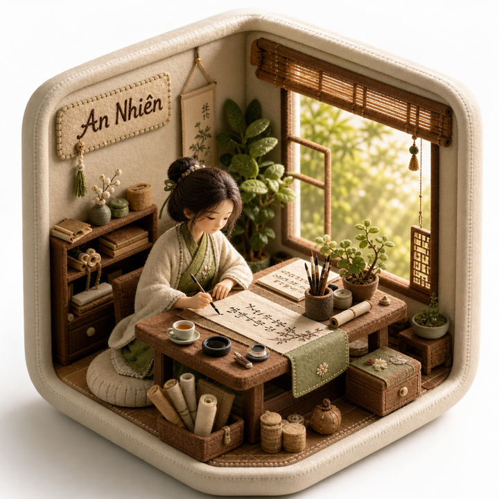 Thư pháp trong diorama 3D nỉ bên cửa sổ
