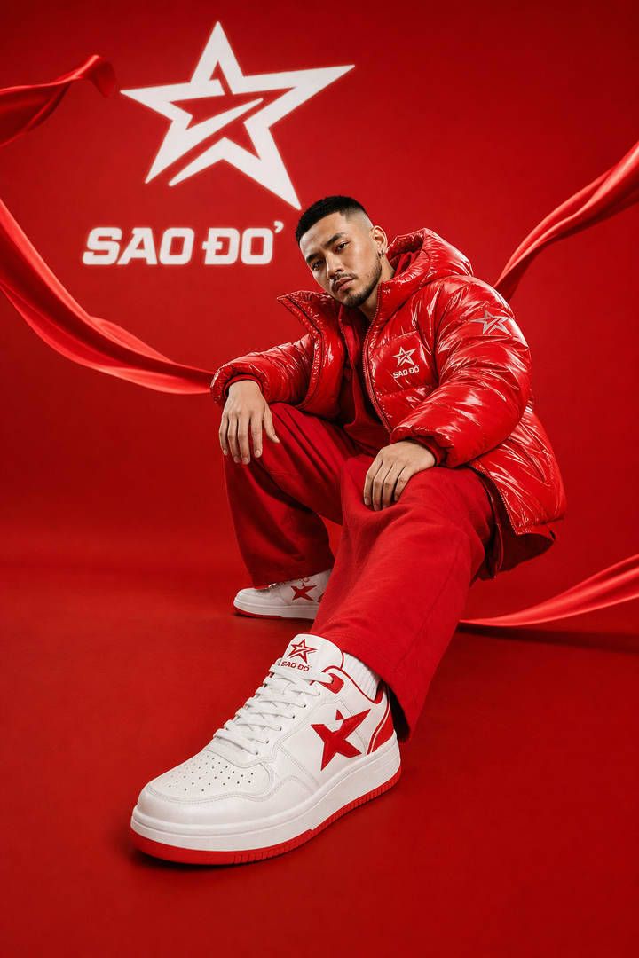 Chiến dịch streetwear đỏ với sneaker nổi bật