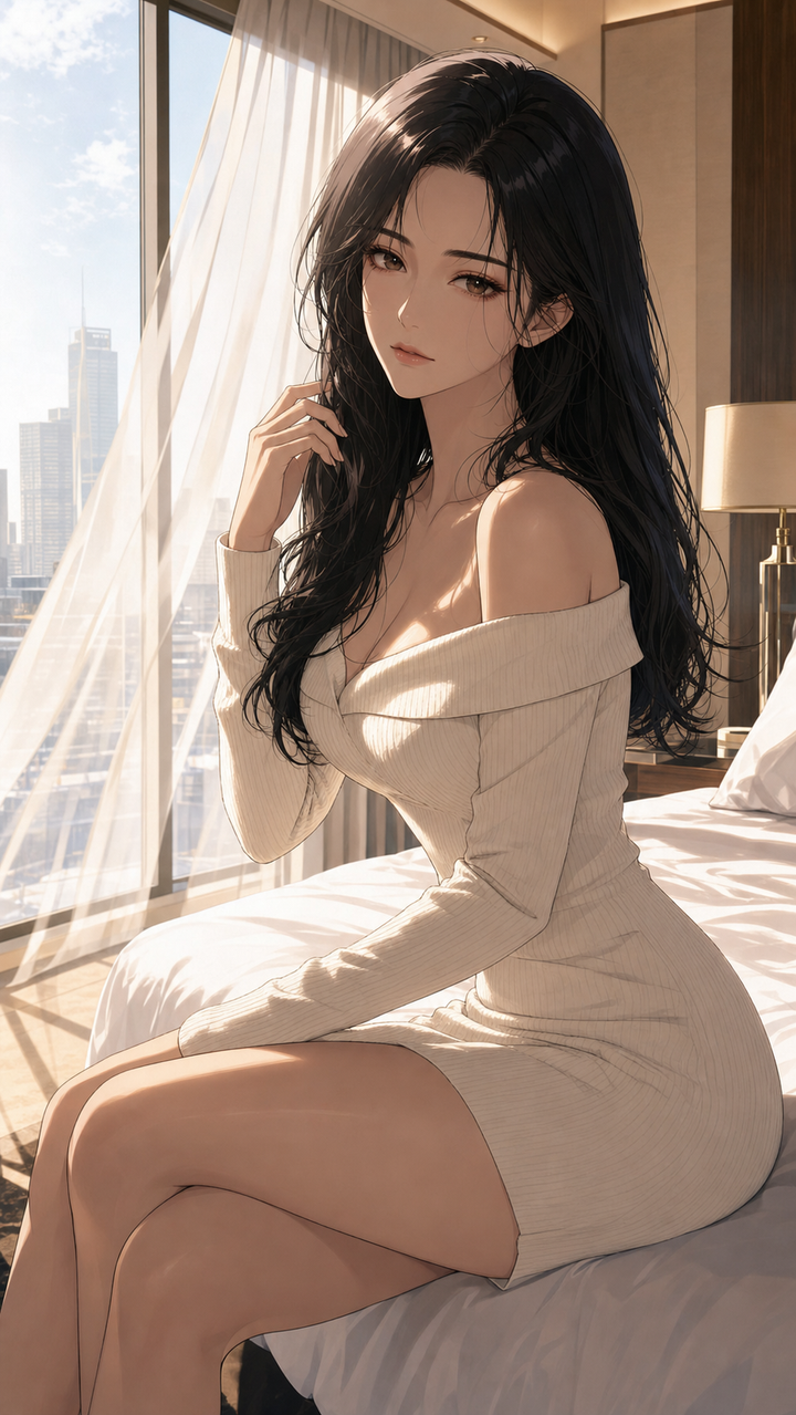 Thiếu nữ anime mặc váy trắng trong phòng khách sạn