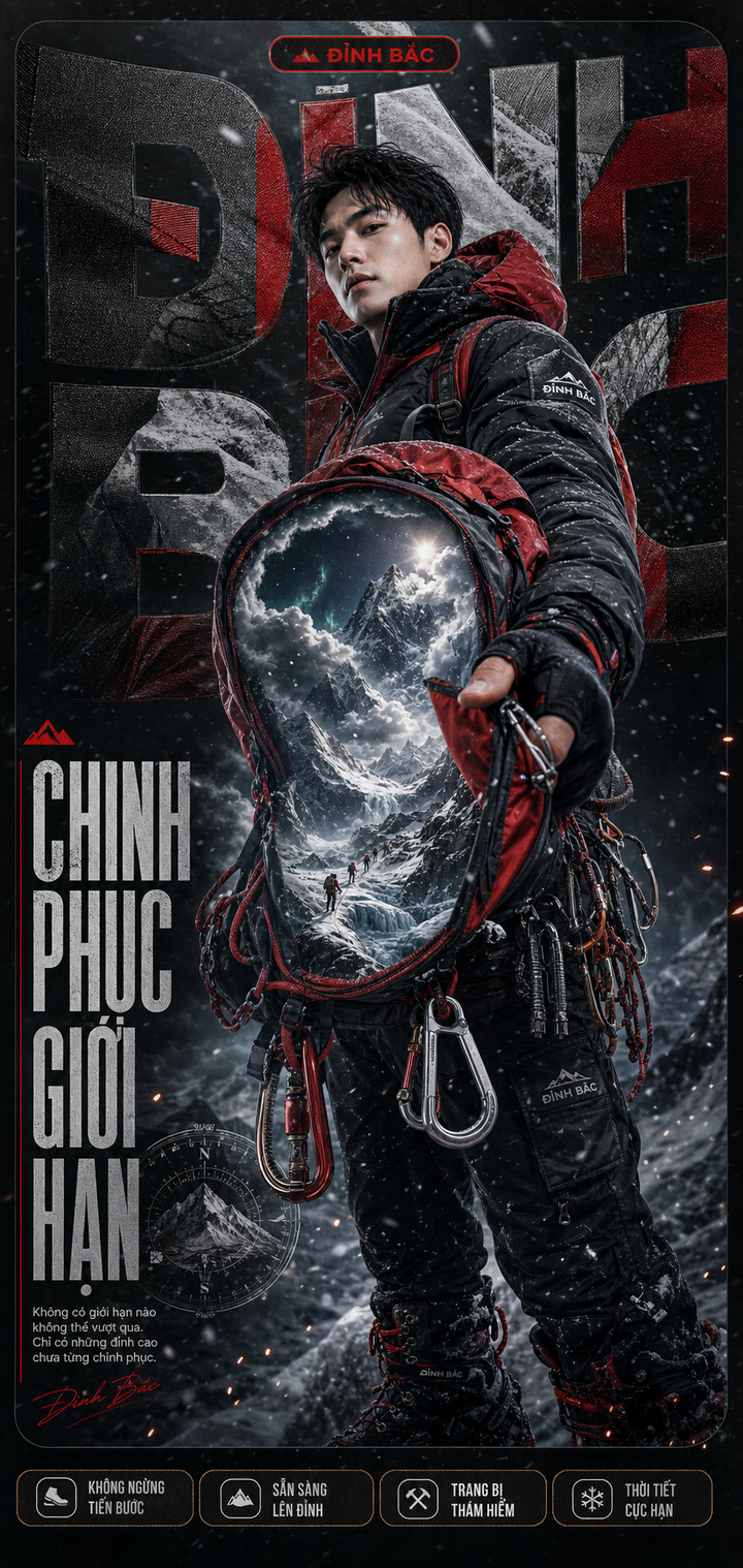 Poster quảng cáo đồ leo núi Đỉnh Bắc phong cách điện ảnh