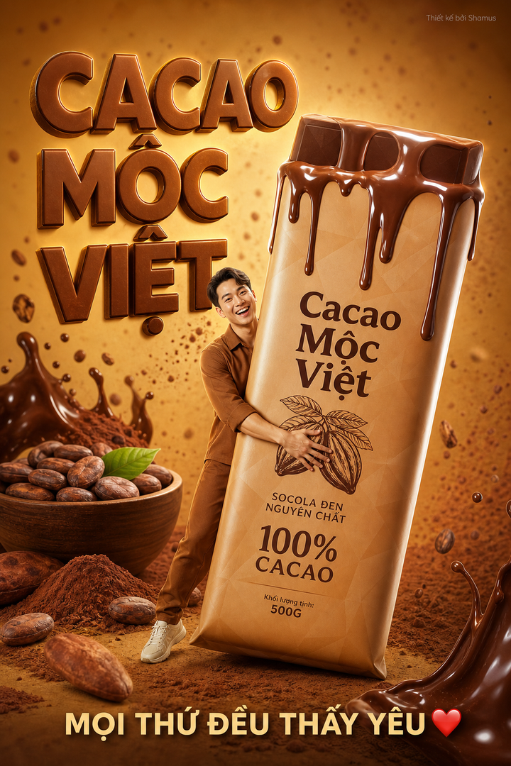 Poster quảng cáo cacao Mộc Việt với thanh socola lớn