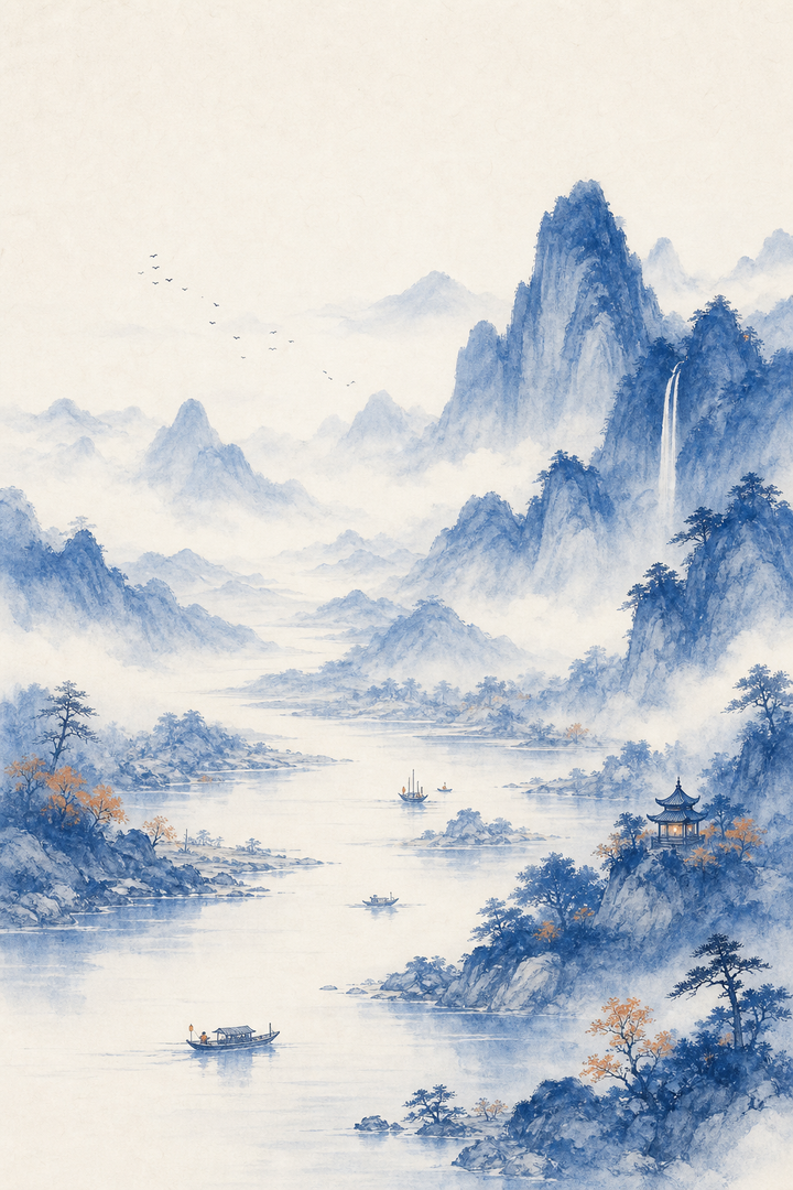 Phong cảnh sơn thủy xanh cam