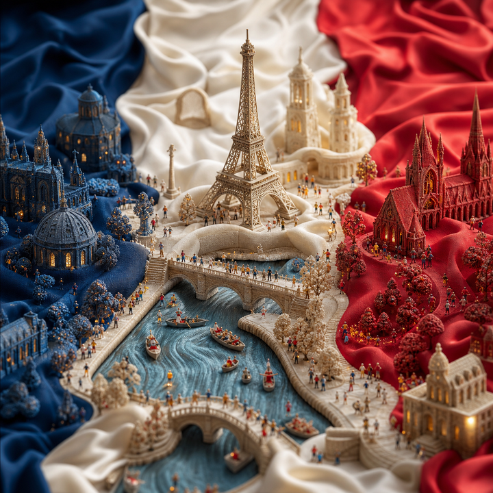 Tháp Eiffel thu nhỏ trên nền cờ Pháp siêu thực