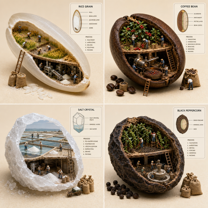 Mô hình diorama nguyên liệu gạo cà phê muối tiêu