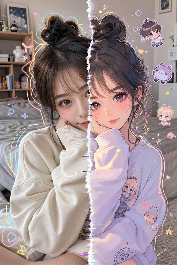 Chân dung cô gái nửa ảnh thật nửa anime dễ thương
