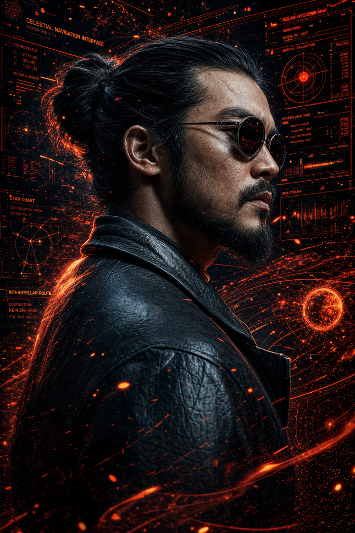 Chân dung cyberpunk người đàn ông tóc búi đeo kính