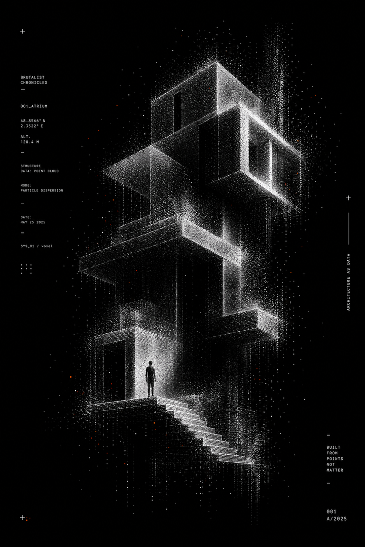 Kiến trúc point cloud trong poster đen trắng tối giản