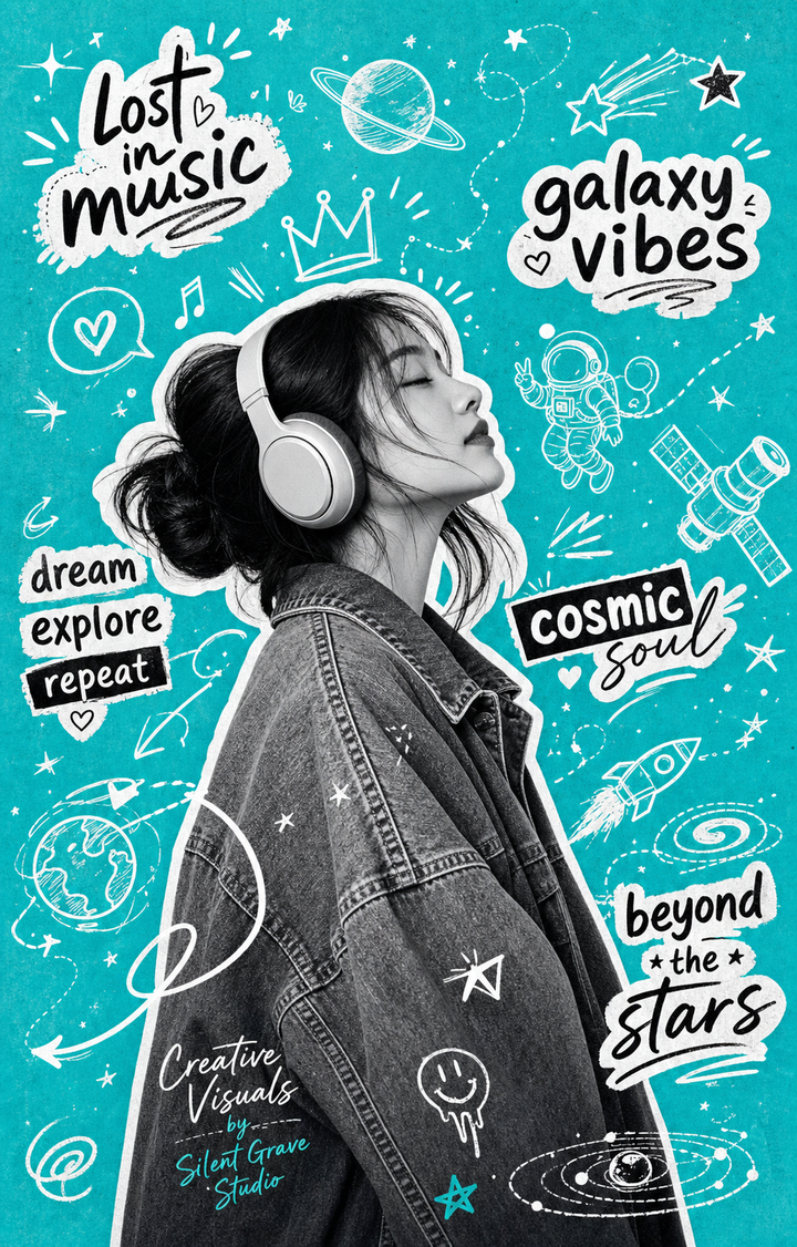 Poster nghe nhạc Y2K với cô gái và doodle vũ trụ