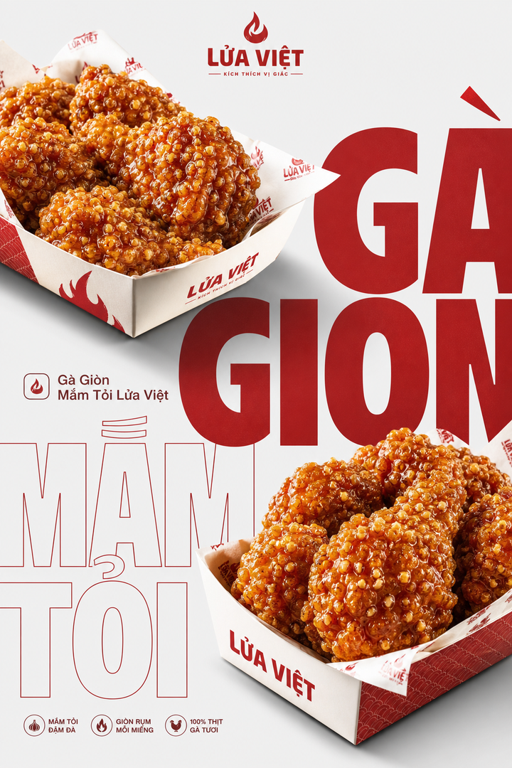 Gà rán mắm tỏi Lửa Việt trong poster tối giản