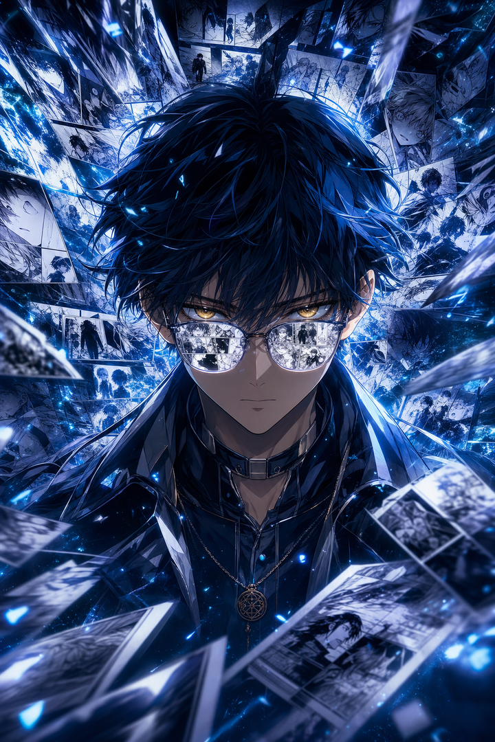 Chân dung anime nam đeo kính giữa collage manga xanh