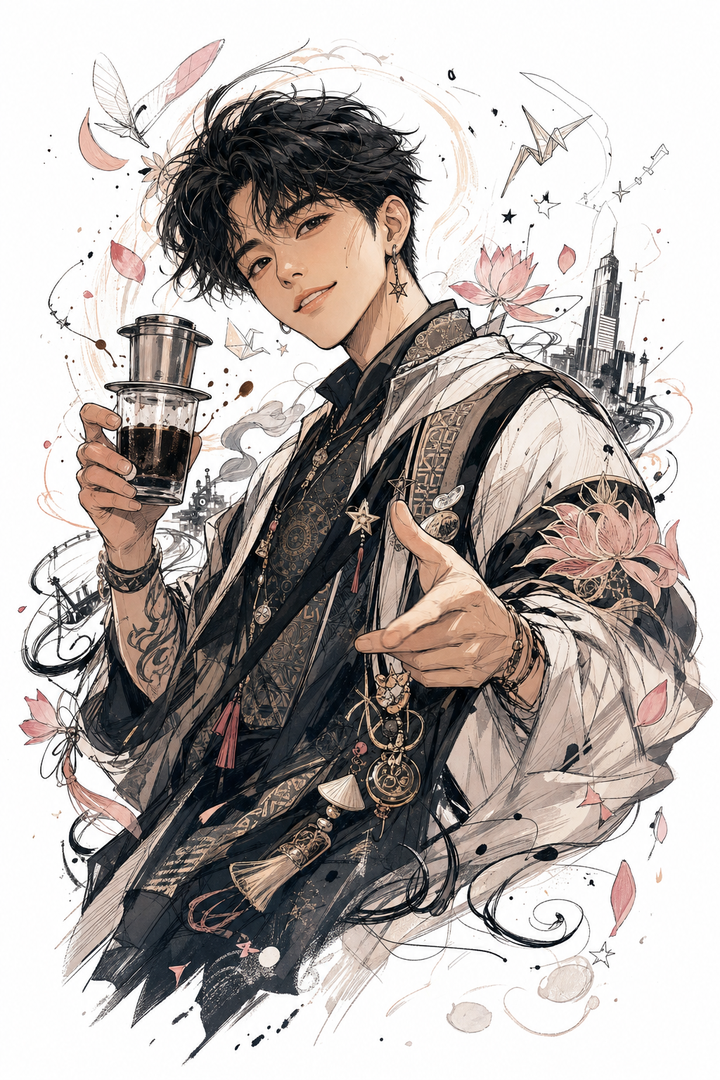 Chân dung nam Việt phong cách manga cầm cà phê