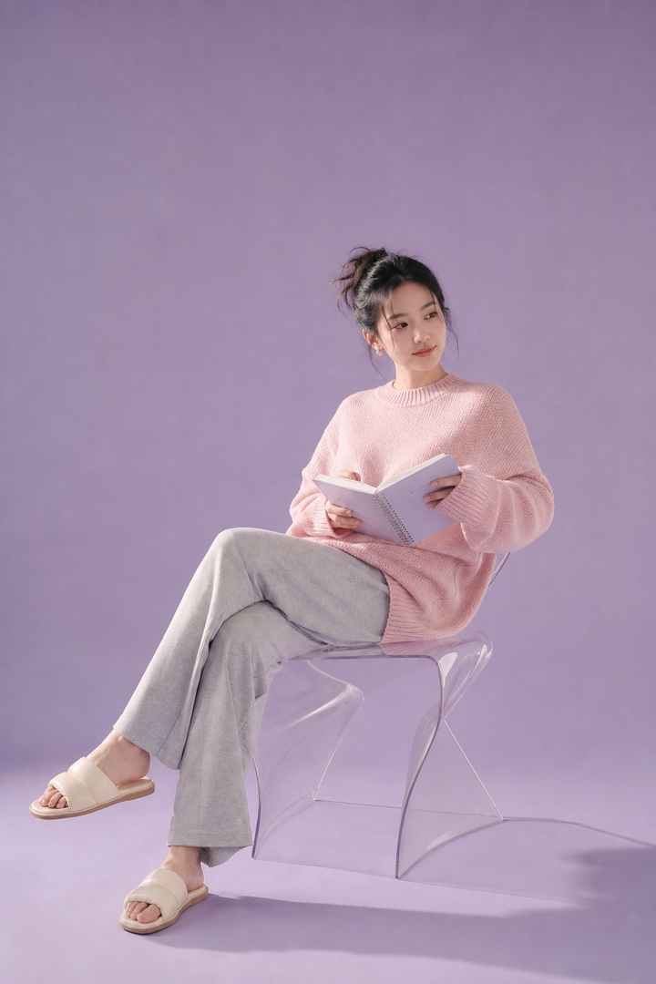 Chân dung thời trang pastel với ghế trong suốt