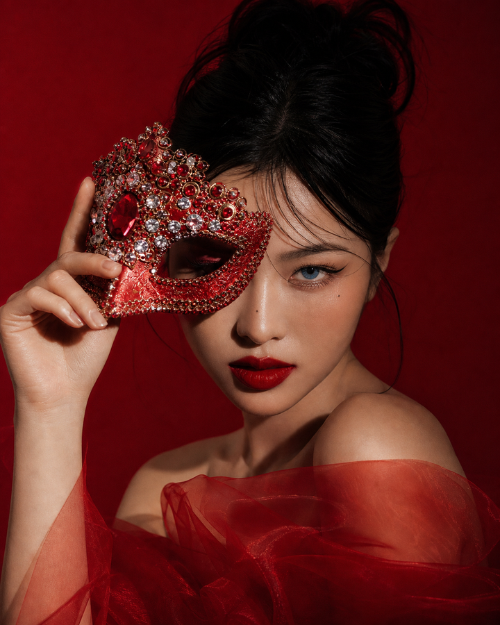 Chân dung beauty phụ nữ với mặt nạ đỏ đính đá