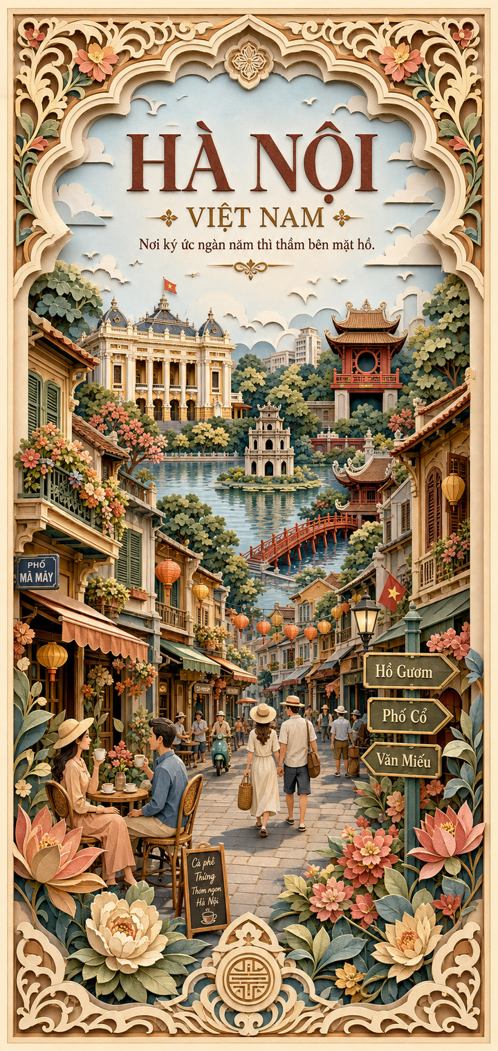 Poster du lịch Hà Nội phong cách giấy cắt 3D