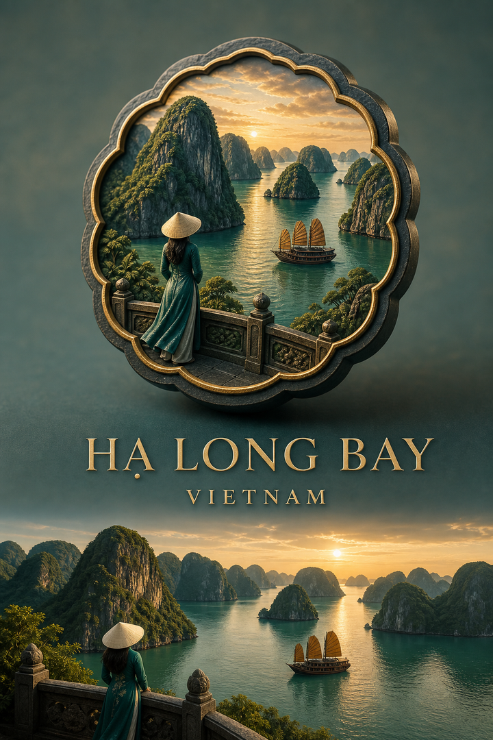 Vịnh Hạ Long trên poster du lịch huy hiệu 3D
