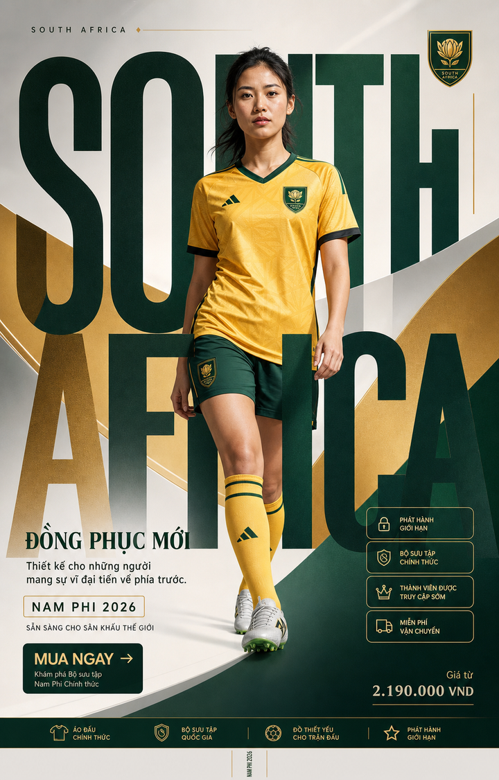Áo đấu Nam Phi 2026 trong poster thời trang bóng đá