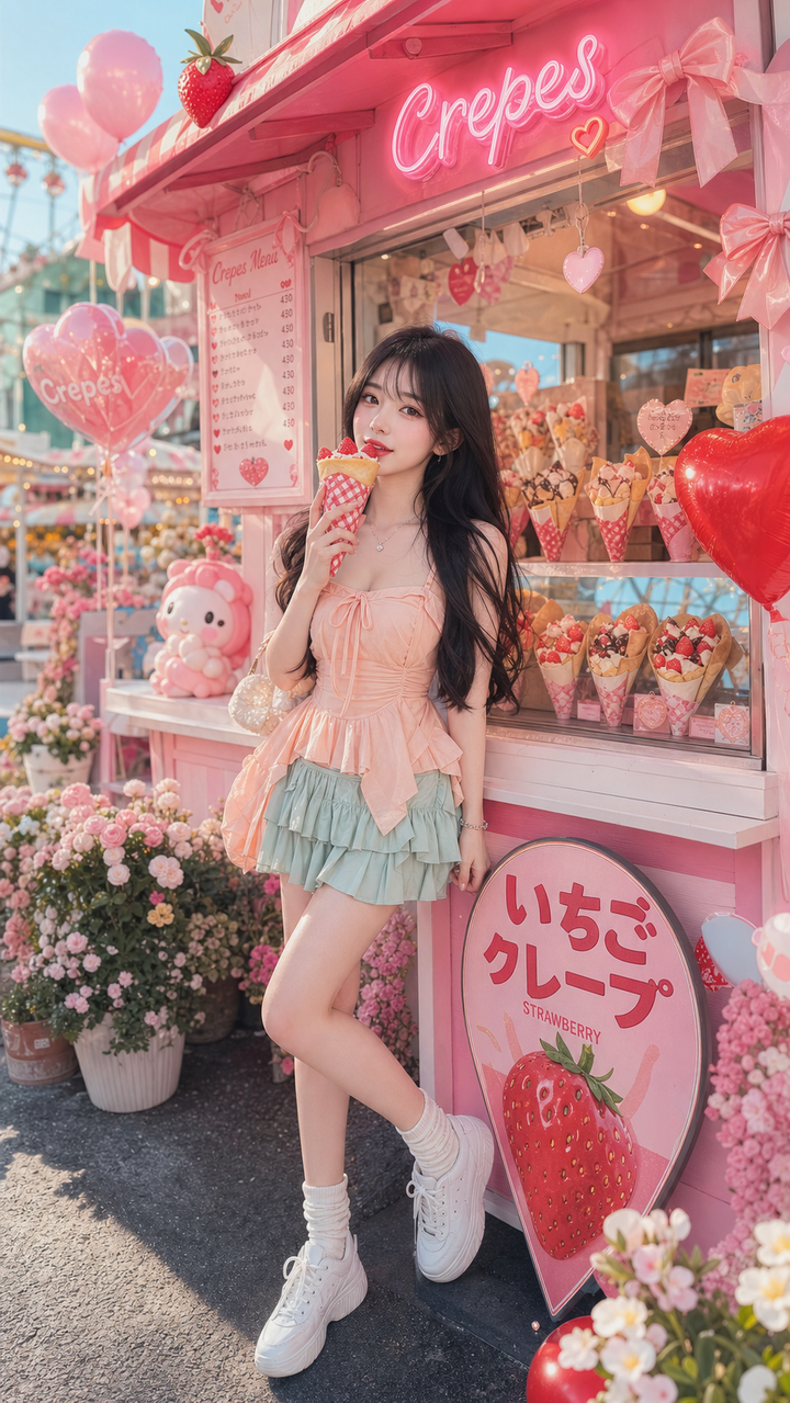 Cô gái ăn crepe trước quầy hồng phong cách kawaii