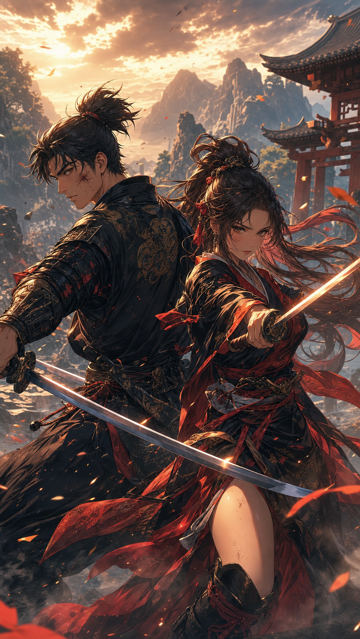 Cặp đôi kiếm sĩ anime giữa núi lúc bình minh