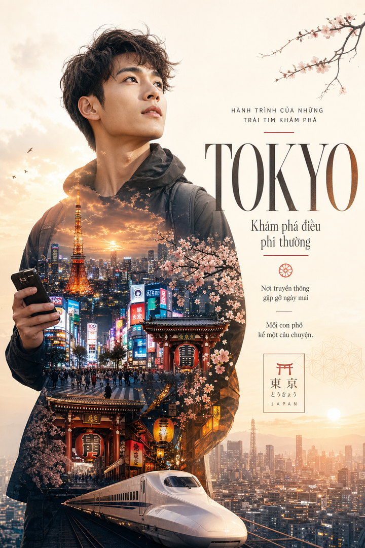 Poster du lịch Tokyo phong cách double exposure
