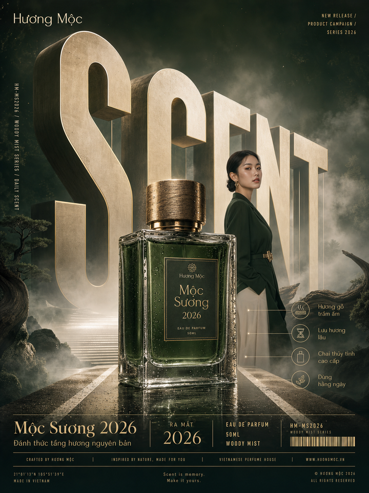 Nước hoa Mộc Sương 2026 trong poster xanh rêu