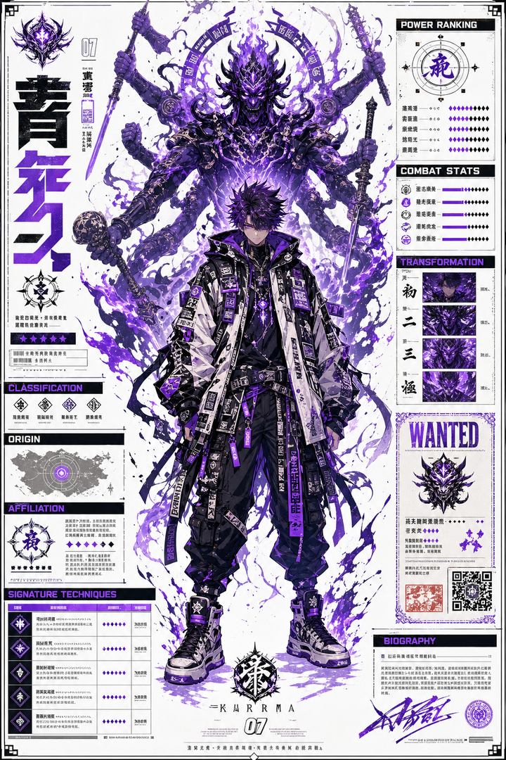 Poster nhân vật anime techwear với hộ vệ tím