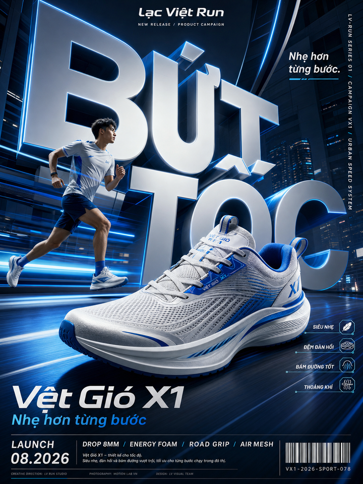Giày chạy bộ Vệt Gió X1 trong poster xanh điện