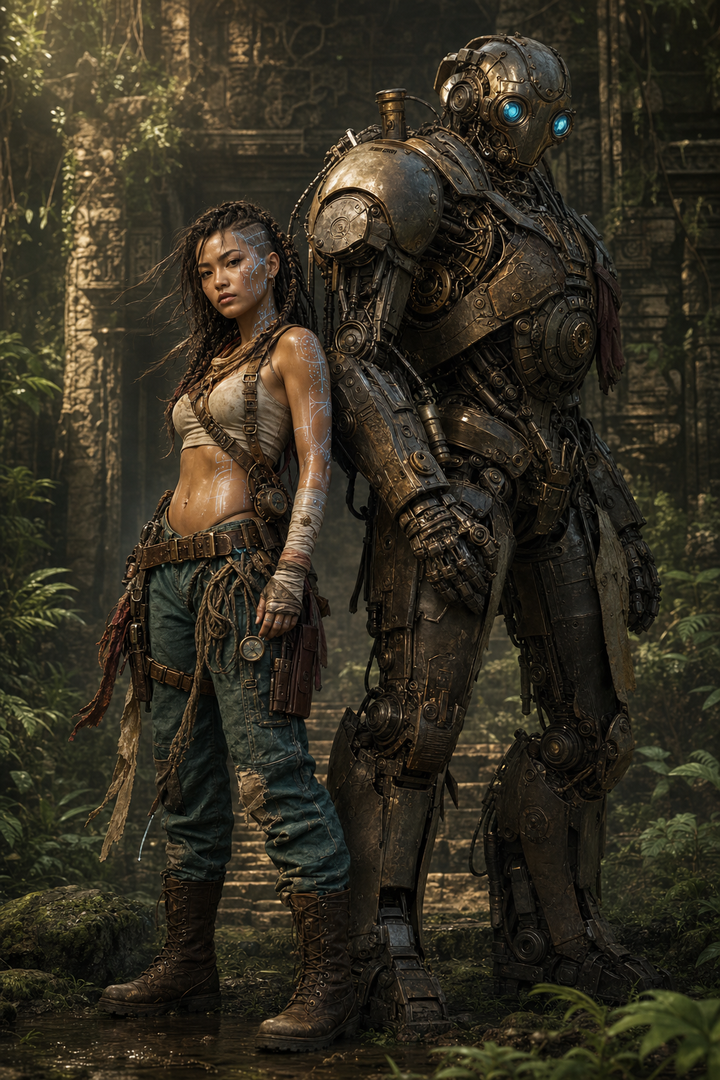 Nữ thám hiểm sci-fi bên mecha trong rừng cổ