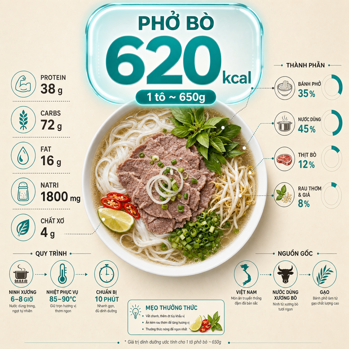 Infographic phở bò 620 kcal với dữ liệu dinh dưỡng