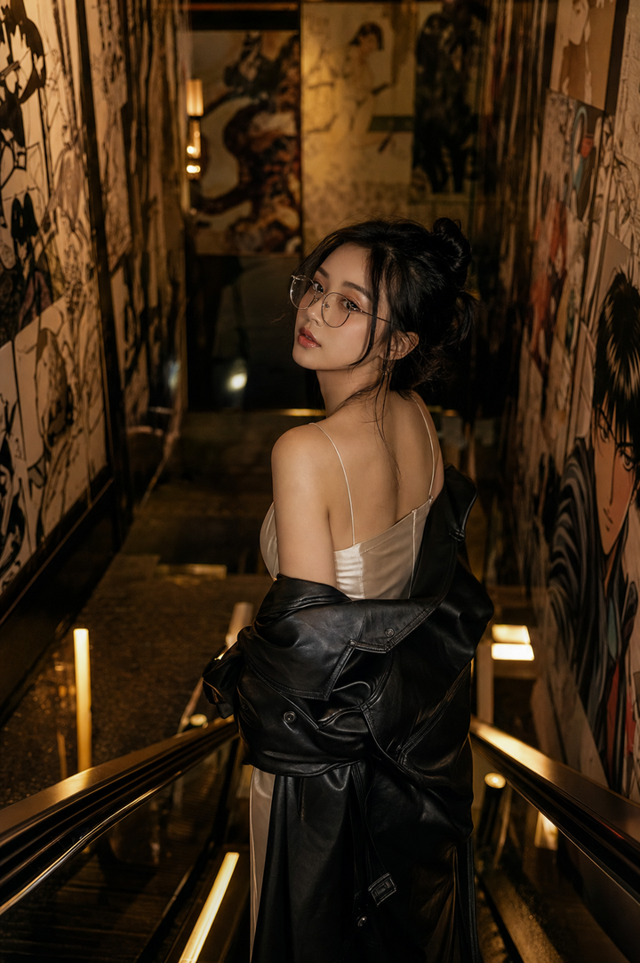 Chân dung phụ nữ trên thang cuốn phong cách neo-noir