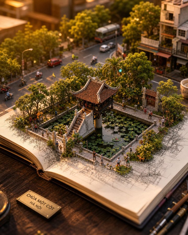 Chùa Một Cột dạng mô hình 3D trên sổ phác thảo