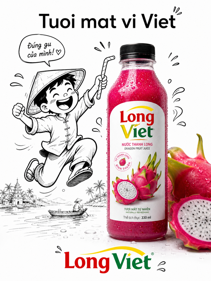 Nước ép thanh long Long Việt với doodle vui nhộn