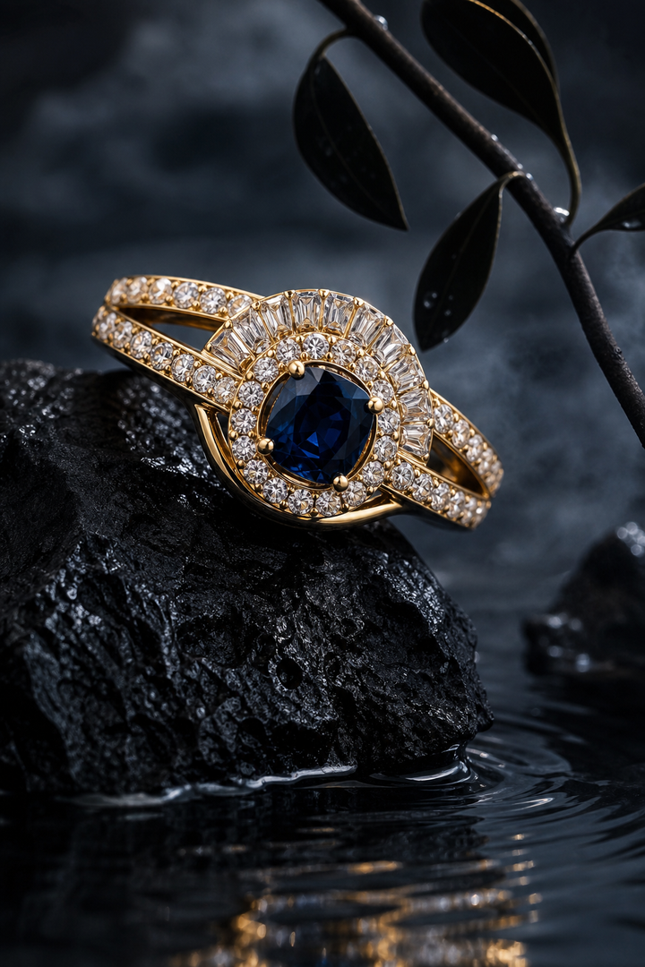 Nhẫn sapphire vàng đính đá trên nền đá đen