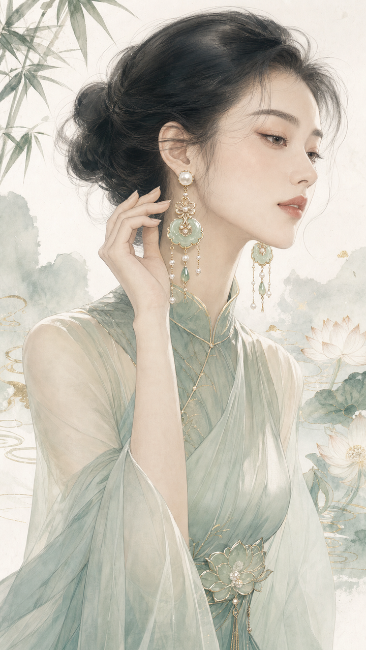 Khuyên tai ngọc trai trong poster thủy mặc phương Đông