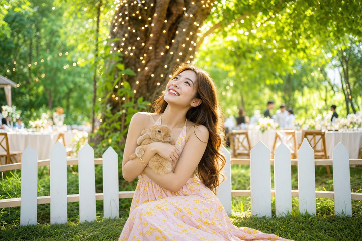 Cô gái ôm thỏ trong khu vườn ngập nắng