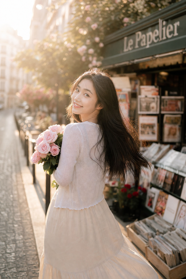 Cô gái cầm hoa hồng trên phố Paris nắng vàng