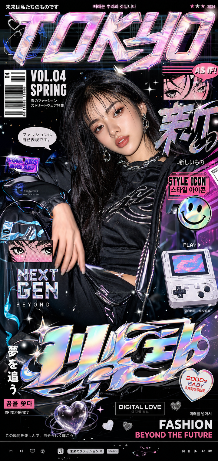 Poster thời trang Y2K với cô gái châu Á cá tính