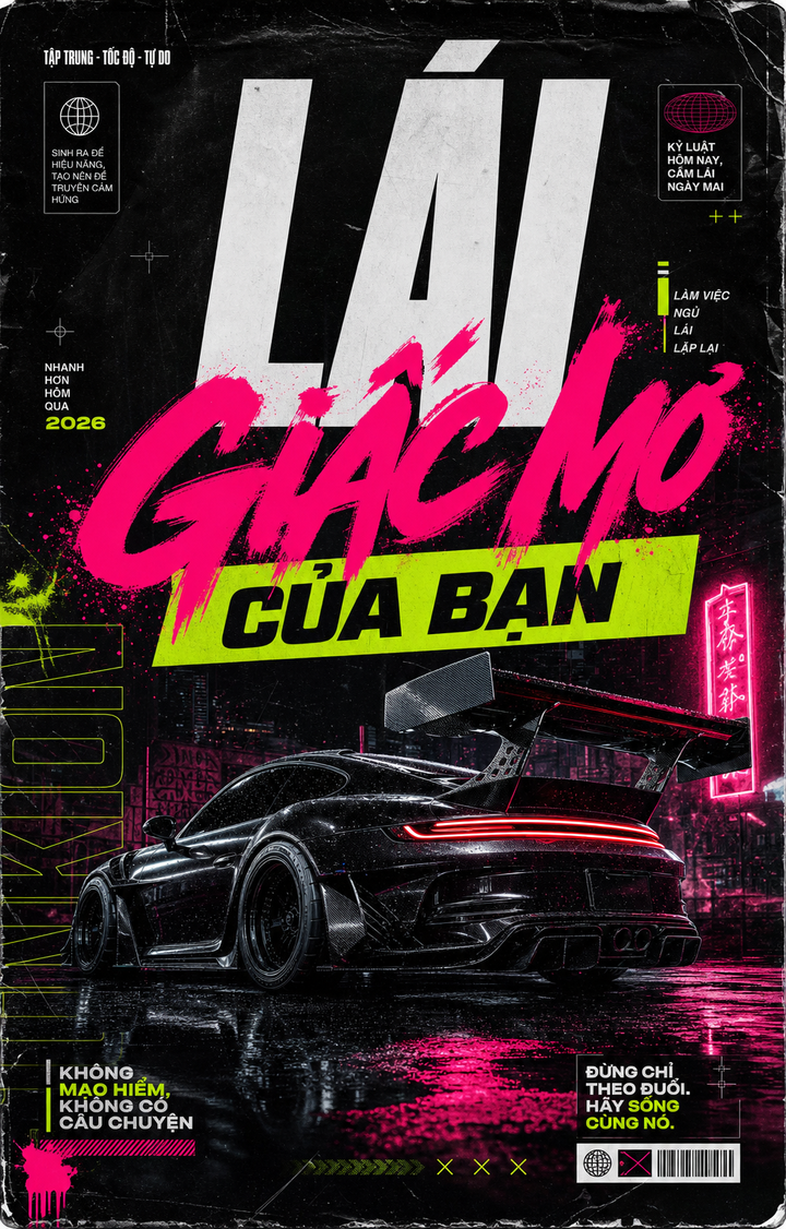 Poster xe thể thao đen phong cách streetwear neon