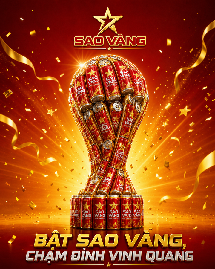 Nước tăng lực Sao Vàng xếp thành cúp chiến thắng