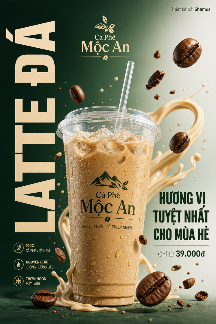 Latte đá Cà Phê Mộc An trên poster xanh be